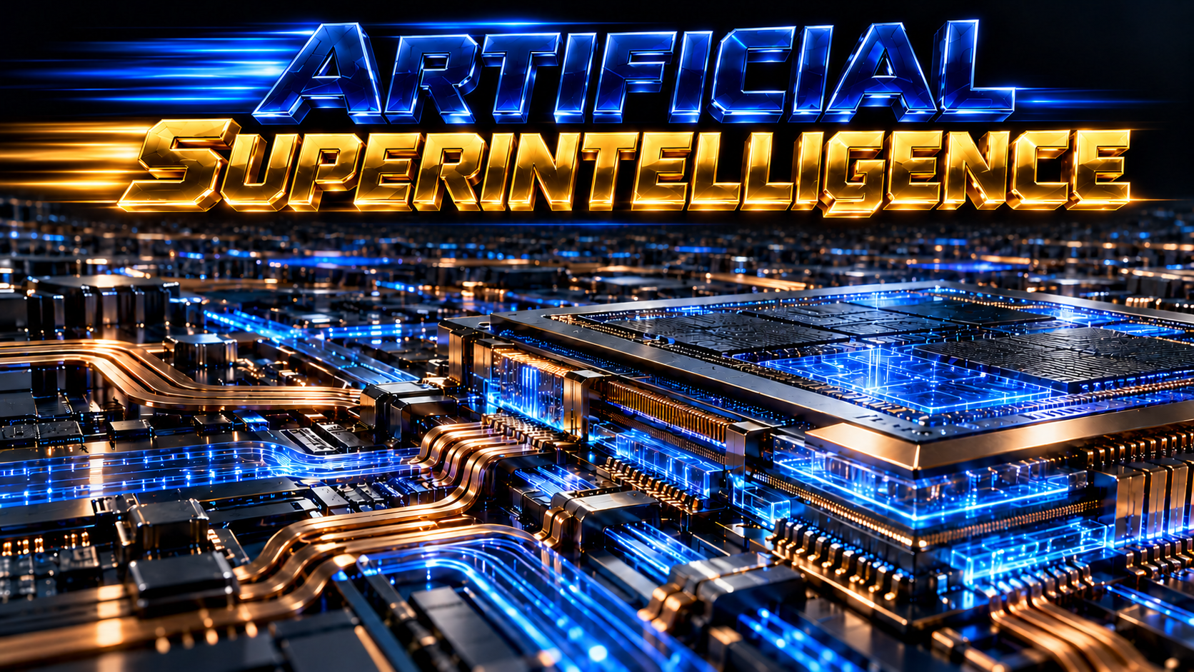 Futuristic blue-and-gold processor beneath dark-blue Artificial and shiny-gold SuperIntelligence lettering with matching speed lines.