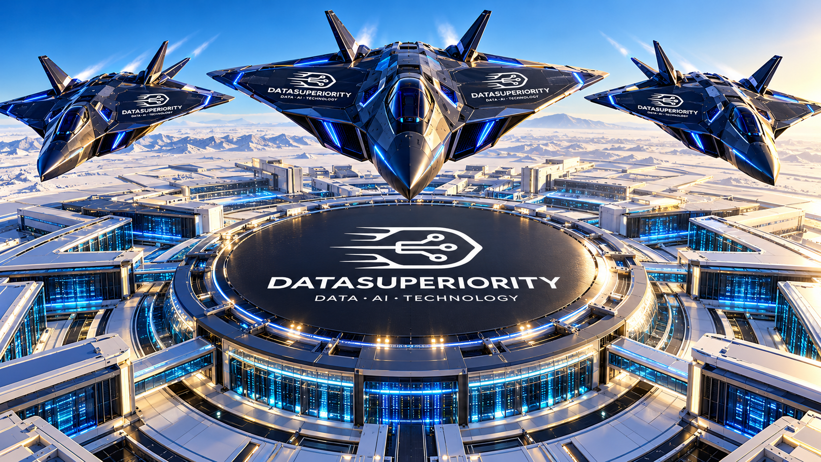 Concept artwork of three Datasuperiority jets above a circular futuristic datacenter