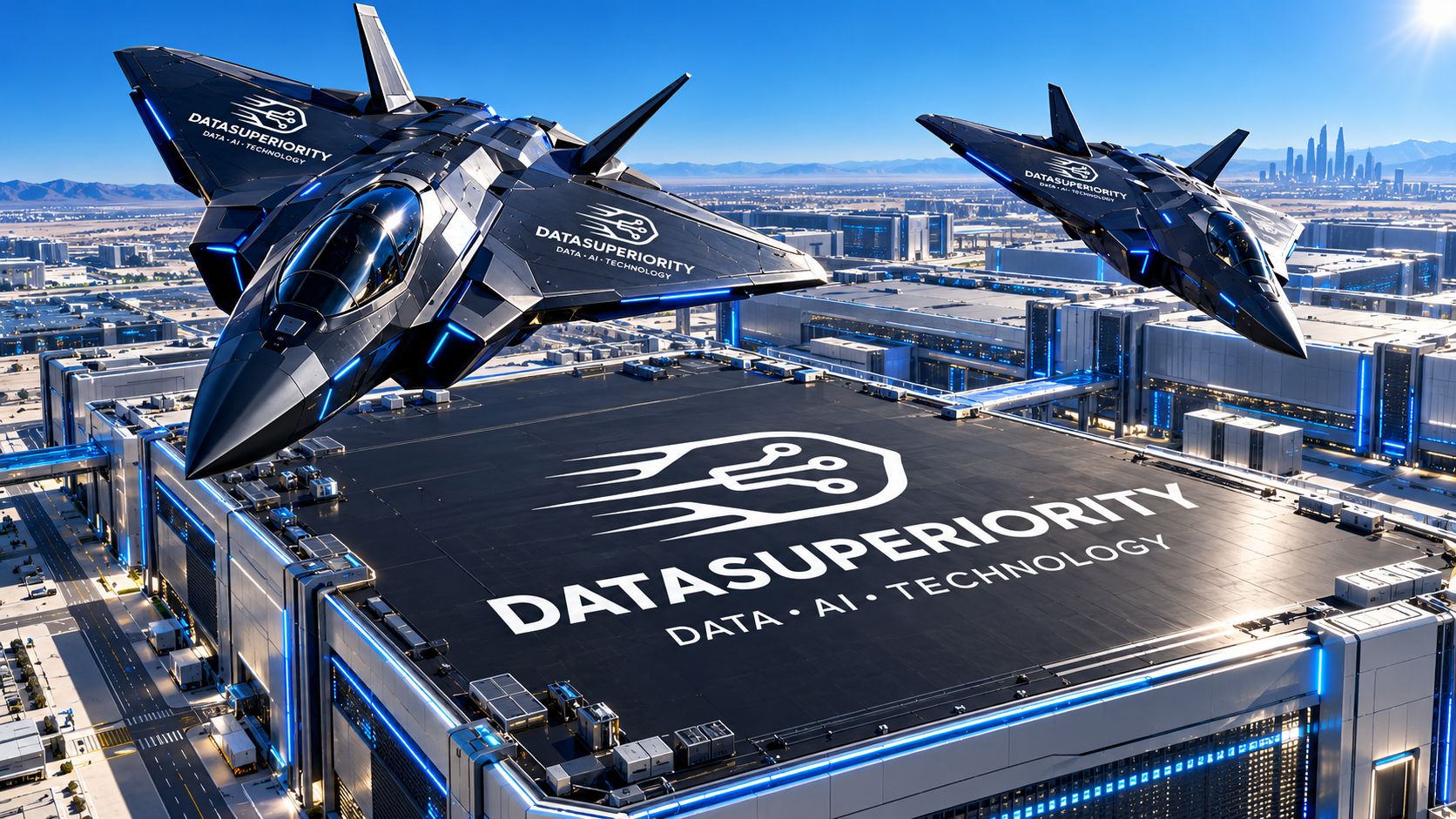 Concept artwork of two Datasuperiority jets over a sunlit datacenter with a large rooftop logo